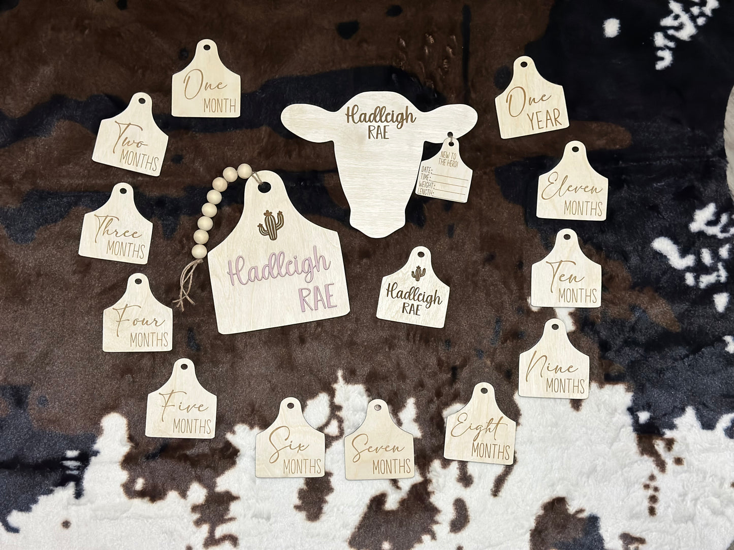Cow tag baby’s firsts set